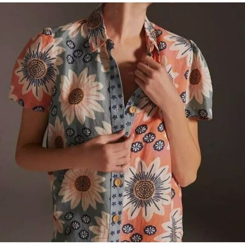 FARM Rio Coral & Sage Sunflower Print Short-Sleeve Button-Down